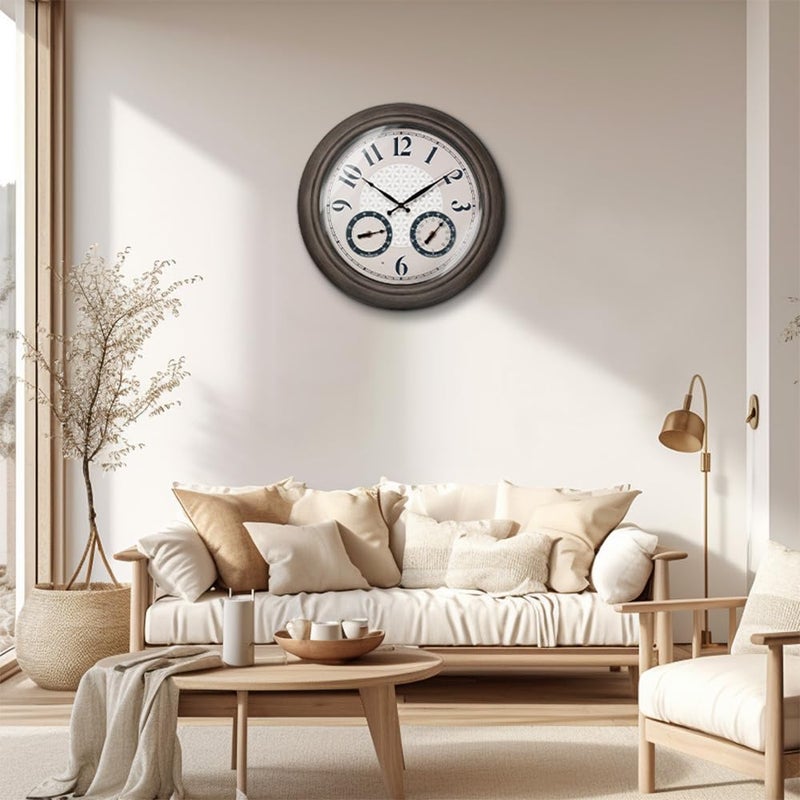 Presentime & Co. 18 Inch Illuminated Outdoor Clock, Waterproof Lighted Large Wall Clock with Thermometer & Hygrometer, Elegant & Vintage Home Decor for Garden, Patio, Pool, Grey Oak Finish - Image 4